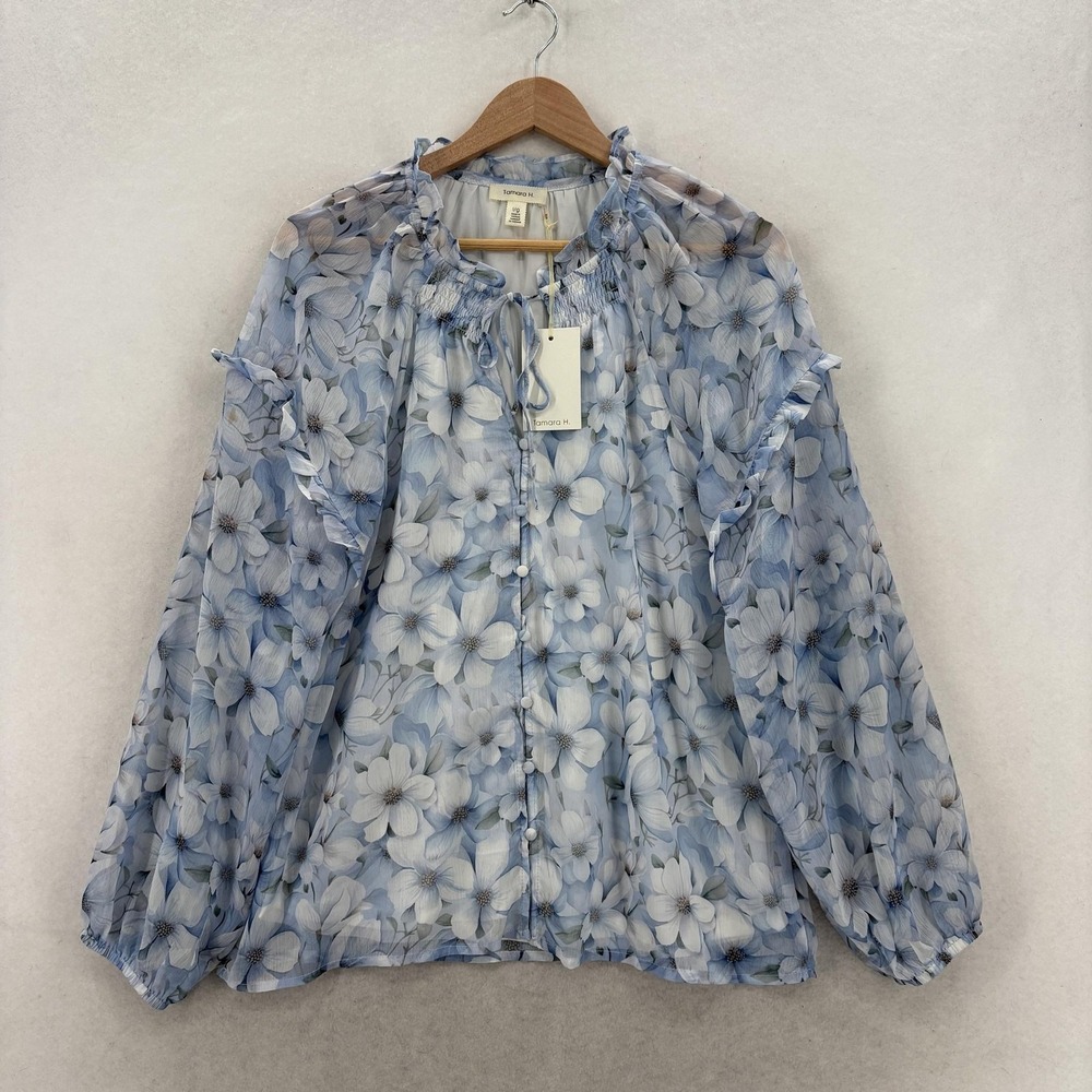 Tamara H. Blouse Womens Large Blue Floral Ruffle Long Sleeve Chiffon Lined Chic